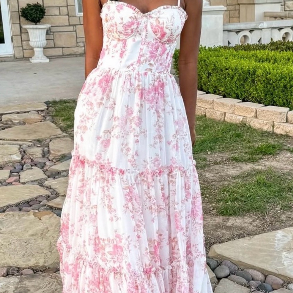 Altar'd State White and Pink Floral Bustier corset Tiered Maxi Dress 2X